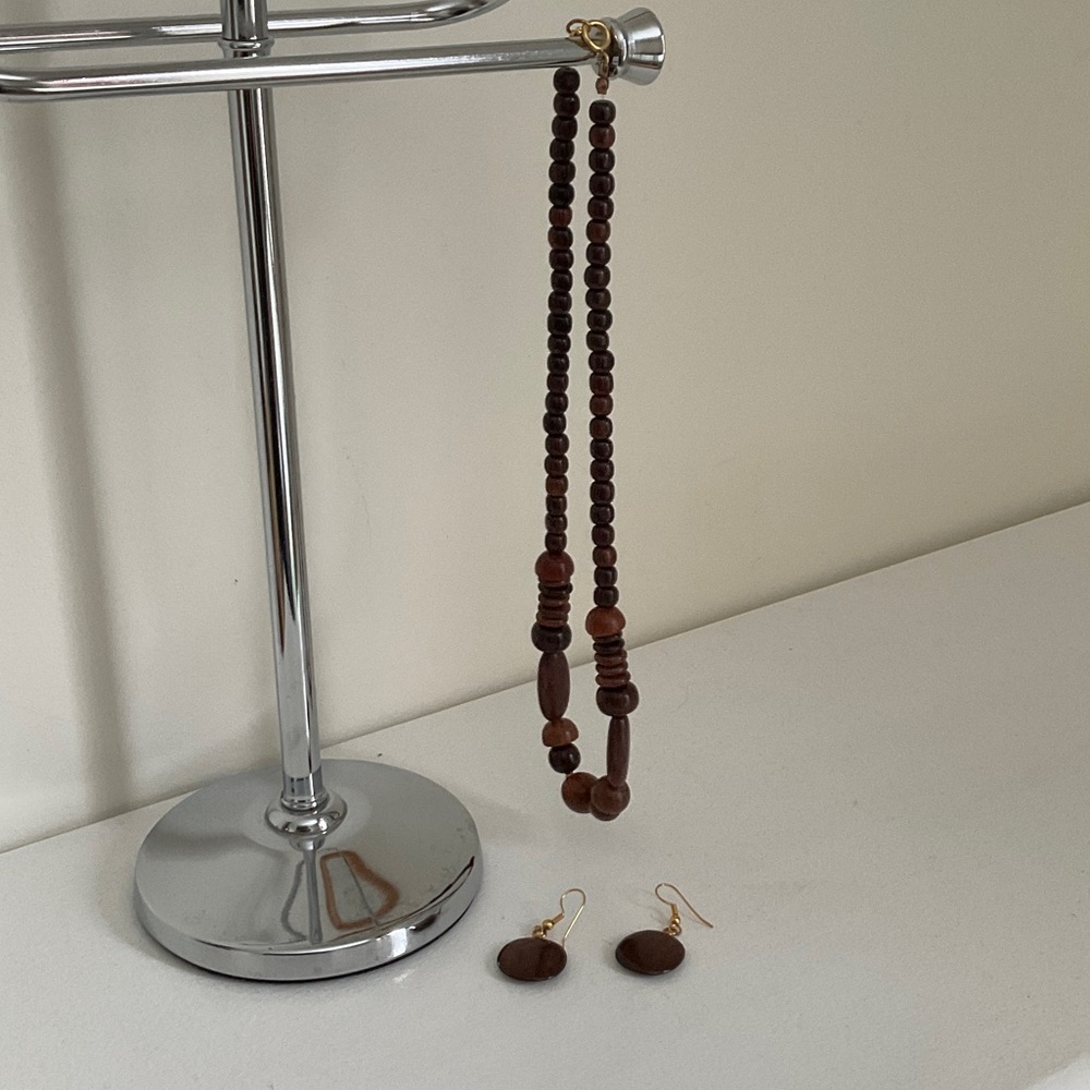 Handcrafted Brown Wooden Bead Necklace and Earring Set (South Africa)